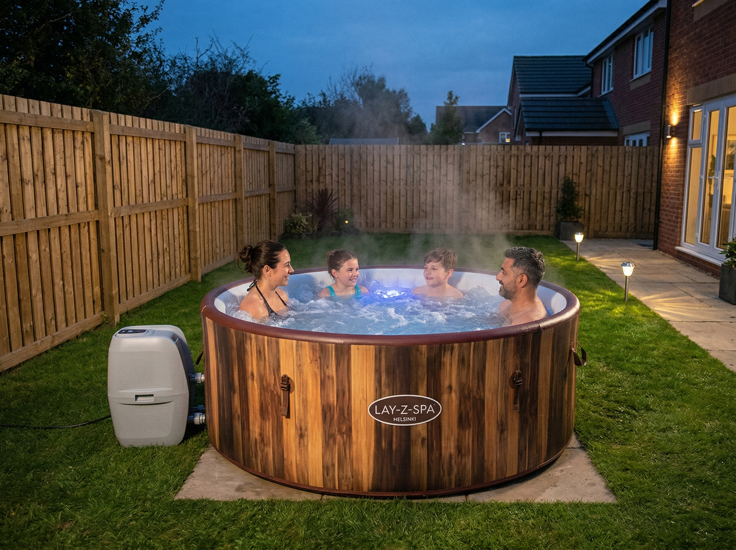 Helsinki hot tub at dusk with lighting